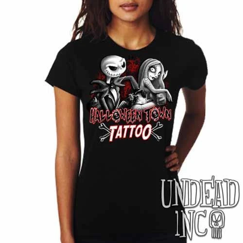 Jack And Sally Halloween Town Tattoo Nightmare Before Christmas - Ladies T Shirt Black Grey 3 Jack And Sally Halloween Town Tattoo Nightmare Before Christmas - Ladies T Shirt Black Grey