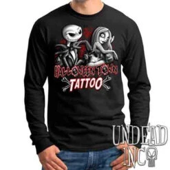 Jack And Sally Halloween Town Tattoo Nightmare Before Christmas Black & Grey - Mens Long Sleeve Tee