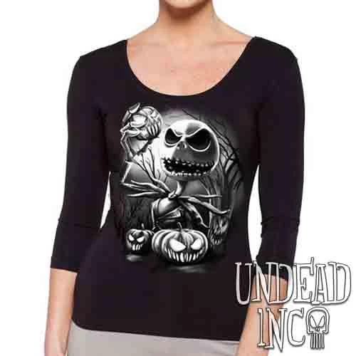 Nightmare Before Christmas Pumpkin King Jack Black & Grey - Ladies 3/4 Long Sleeve Tee 3 Nightmare Before Christmas Pumpkin King Jack Black & Grey - Ladies 3/4 Long Sleeve Tee