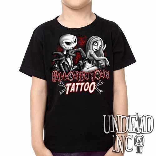 Jack And Sally Halloween Town Tattoo Nightmare Before Christmas - Kids Unisex Girls And Boys T Shirt Black Grey 3 Jack And Sally Halloween Town Tattoo Nightmare Before Christmas - Kids Unisex Girls And Boys T Shirt Black Grey