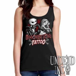 Jack And Sally Halloween Town Tattoo Nightmare Before Christmas - Ladies Singlet Tank Black Grey