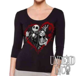 Nightmare Before Christmas Jack And Sally Black & Grey - Ladies 3/4 Long Sleeve Tee