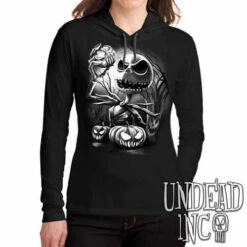 Nightmare Before Christmas Pumpkin King Jack Black Grey Ladies Long Sleeve Hooded Shirt