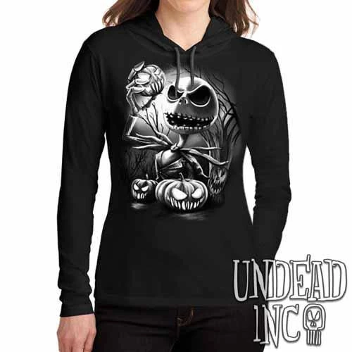 Nightmare Before Christmas Pumpkin King Jack Black Grey Ladies Long Sleeve Hooded Shirt 3 Nightmare Before Christmas Pumpkin King Jack Black Grey Ladies Long Sleeve Hooded Shirt