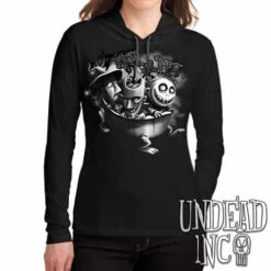 Nightmare Before Christmas Trick Or Treat Black Grey Ladies Long Sleeve Hooded Shirt